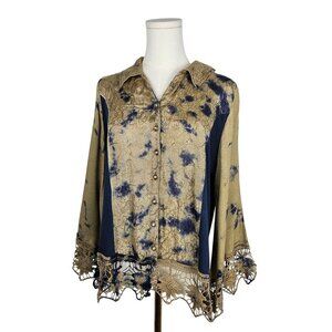 Parsley & Sage Small Button Tie Dye Boho Top Crochet Blue Tan Festival Bell Slv